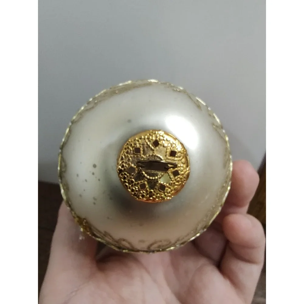 Vintage Ivory Gold Brocade Glass Ornament lot of 2 Ornate Christmas Victorian B2